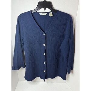 Orvis Womens Button Down Cardigan Top‎ Navy Blue 3/4 Sleeve Textured Small